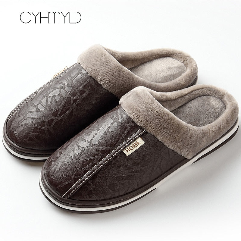 Home Winter Indoor Warm Shoes Thick Bottom Plush Waterproof Leather House Slippers