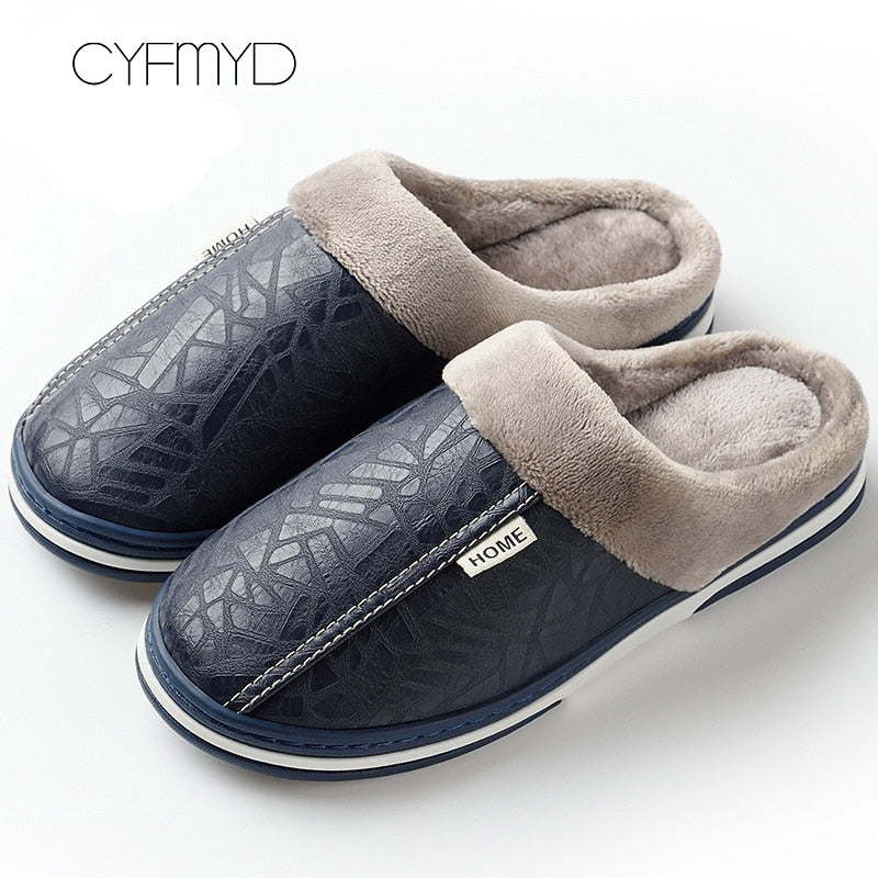 Home Winter Indoor Warm Shoes Thick Bottom Plush Waterproof Leather House Slippers