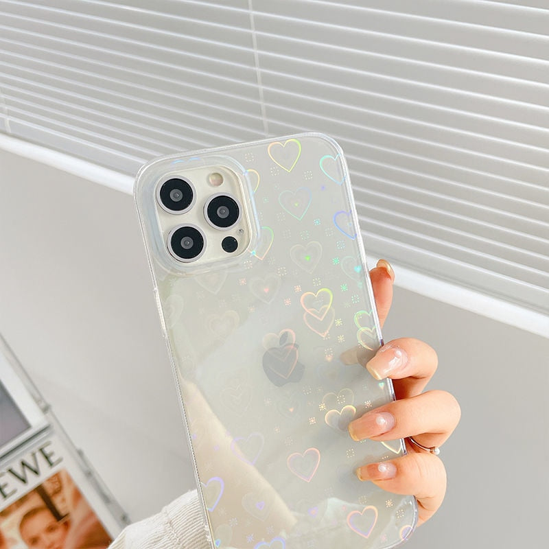 Fashion Gradient Laser Love Heart Pattern Clear Phone Case For iPhone 11 13 12 Pro Max X XS XR 7 8 Plus SE 2020 Shockproof Back