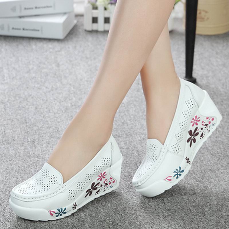 Women's White Leather Platform Wedge Shoes - Casual Swing Mother Shoes