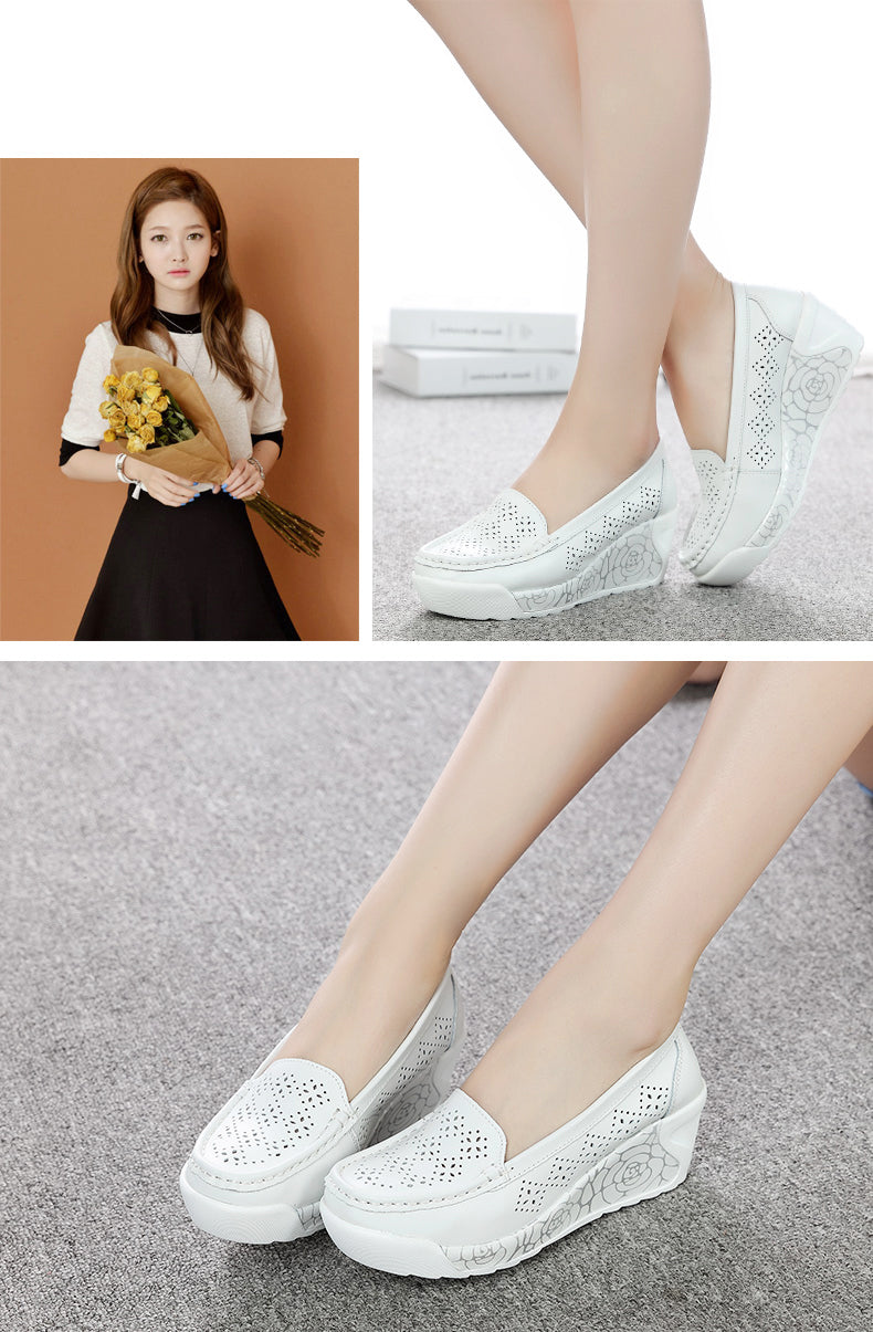 Women's White Leather Platform Wedge Shoes - Casual Swing Mother Shoes