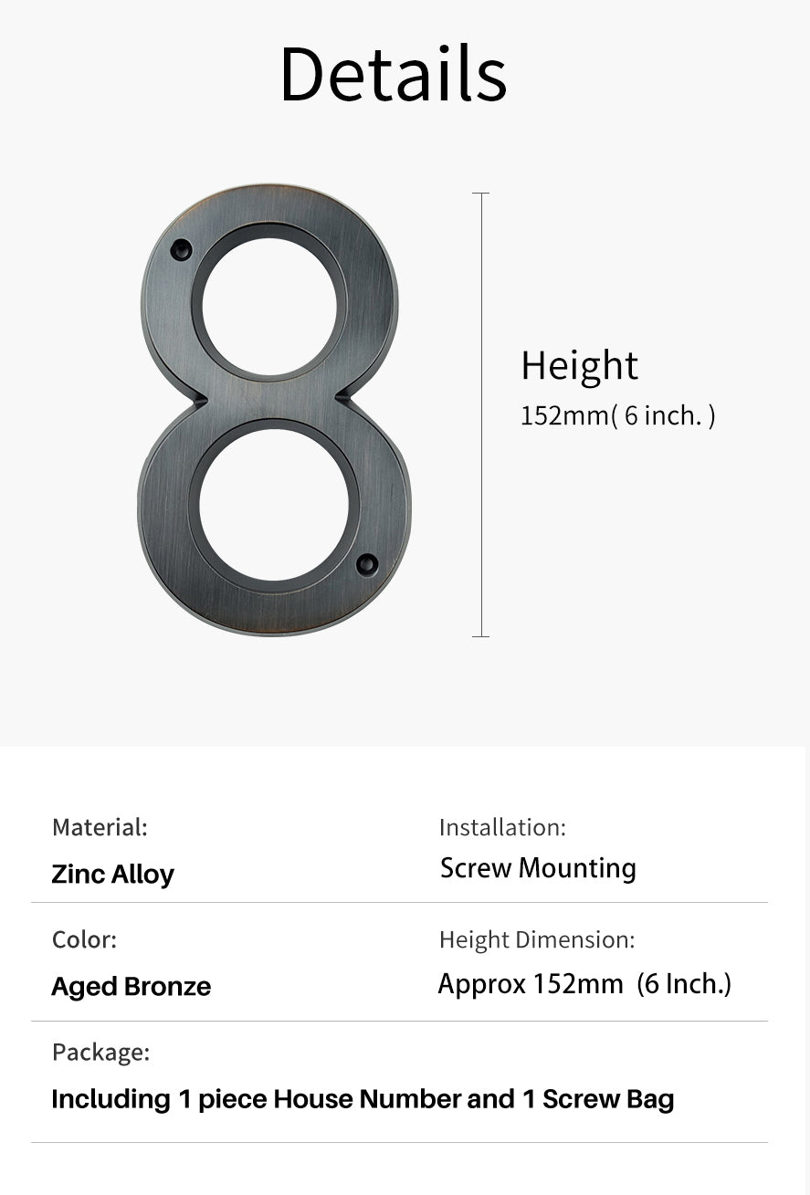 Gealterte Bronze, 152 mm, sehr große Hausnummer, Tür-Adressnummer, Zinklegierung, schraubbares Adressschild für den Außenbereich, 0–9