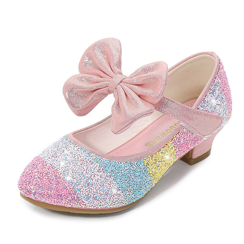 Girls Princess Leather Shoes with Crystal Accents - Soft-Sole, Round-Toe, High Heel