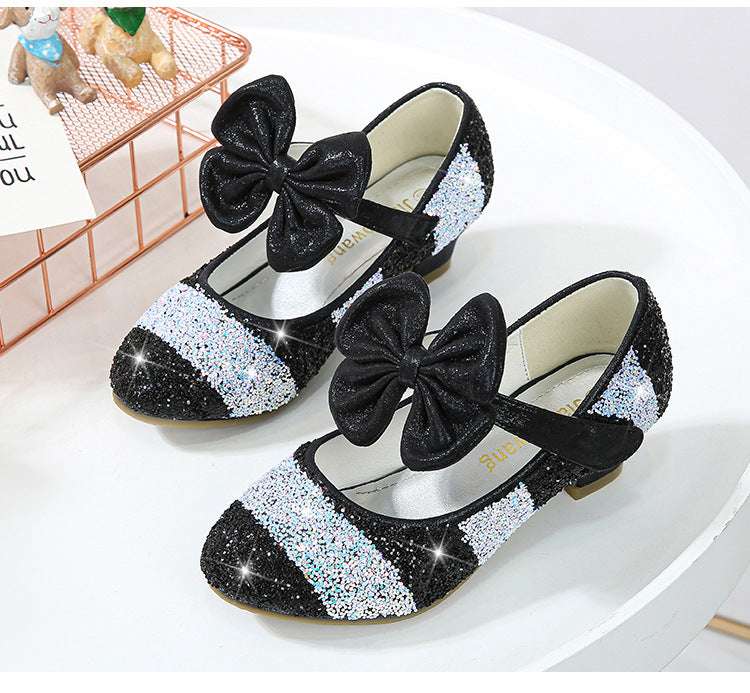 Girls Princess Leather Shoes with Crystal Accents - Soft-Sole, Round-Toe, High Heel