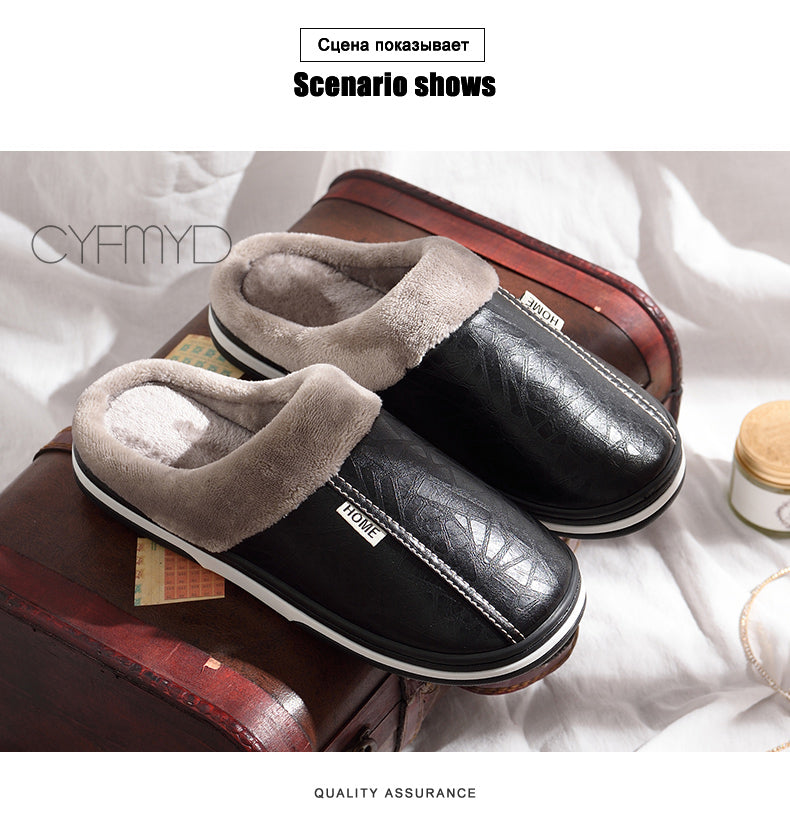 Home Winter Indoor Warm Shoes Thick Bottom Plush Waterproof Leather House Slippers