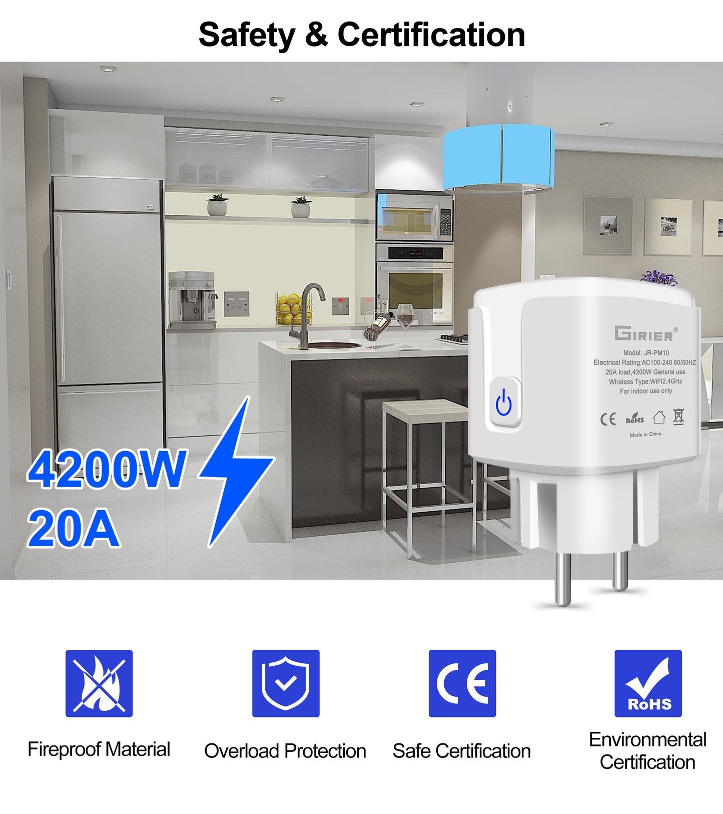 Wifi Smart Plug 20A EU Smart Socket Outlet with Power Monitor Timer Function 4200W Compatible with Alexa Google Home