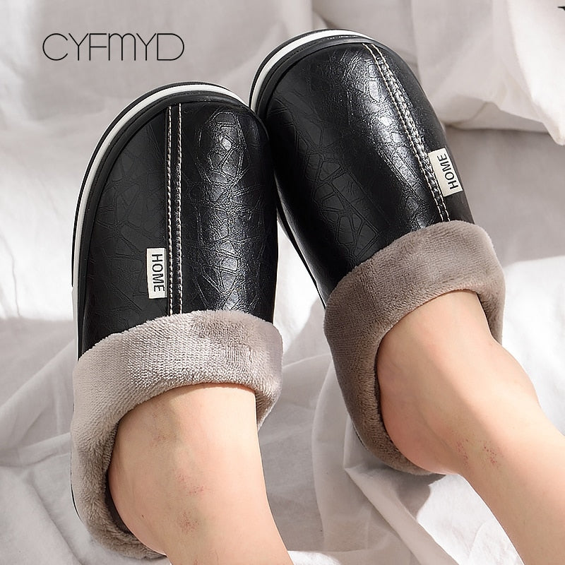 Home Winter Indoor Warm Shoes Thick Bottom Plush Waterproof Leather House Slippers