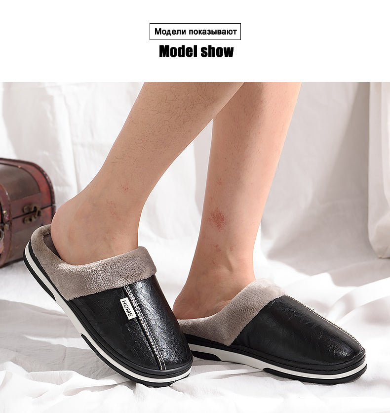 Home Winter Indoor Warm Shoes Thick Bottom Plush Waterproof Leather House Slippers