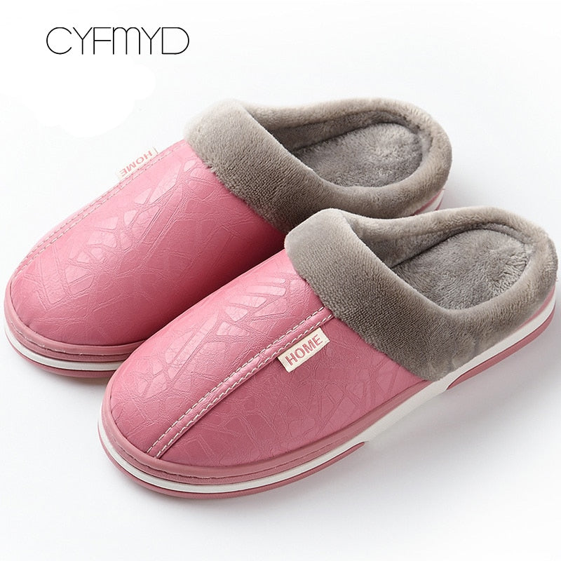 Home Winter Indoor Warm Shoes Thick Bottom Plush Waterproof Leather House Slippers