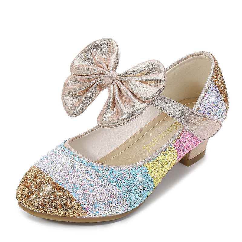 Girls Princess Leather Shoes with Crystal Accents - Soft-Sole, Round-Toe, High Heel