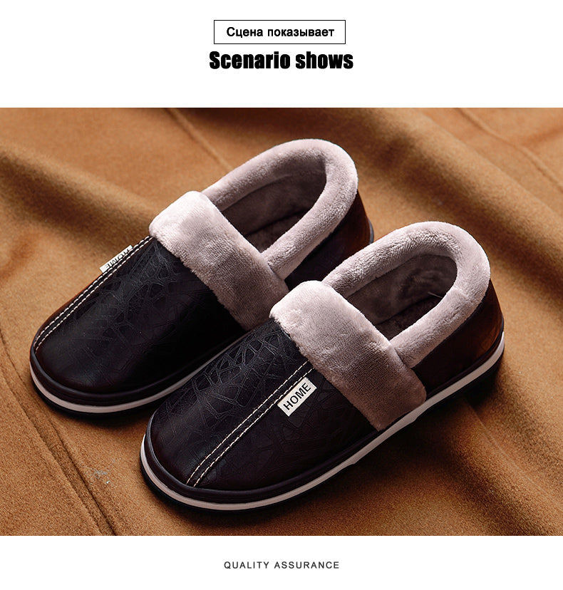 Home Winter Indoor Warm Shoes Thick Bottom Plush Waterproof Leather House Slippers