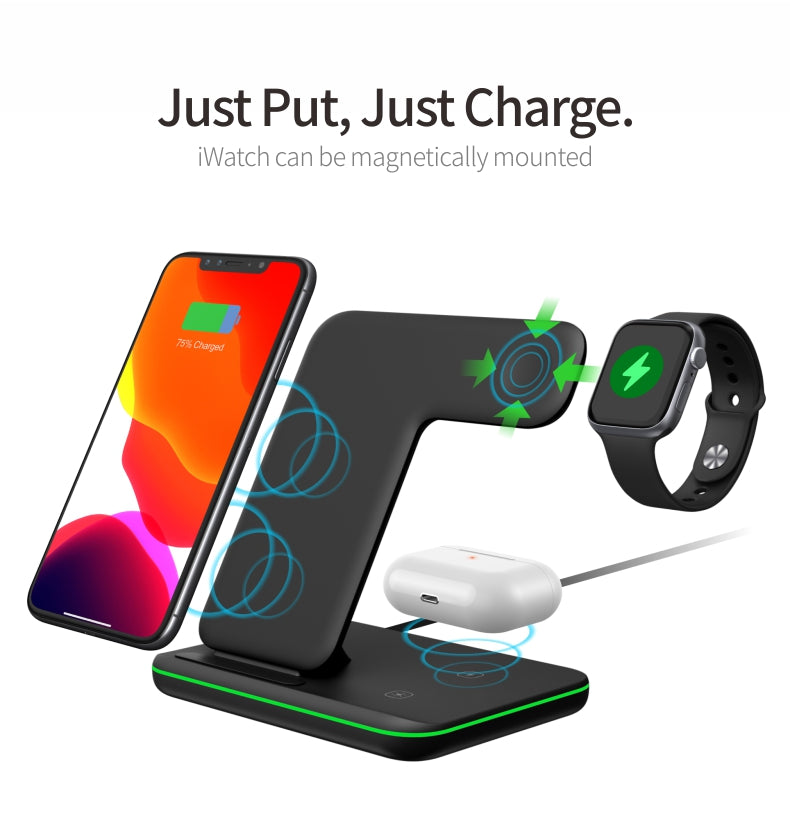 Support de chargeur sans fil 15W, station de charge rapide Qi, station d'accueil pour Apple Watch, iWatch 7 AirPods, iPhone