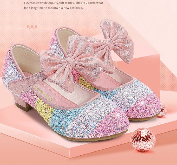 Girls Princess Leather Shoes with Crystal Accents - Soft-Sole, Round-Toe, High Heel