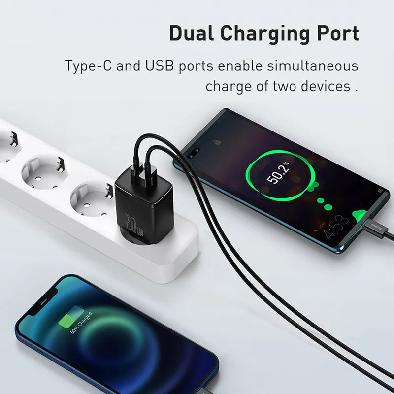 Chargeur mural USB 20 W, charge rapide PD de type C, double port USB portable, chargeur de téléphone