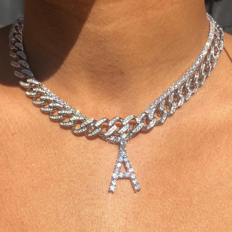 Caraquet Ice out A-Z Letter Initial Pendant Necklace Silver Color Tennis Chain Choker Necklace Female Fashion Statement Jewelry