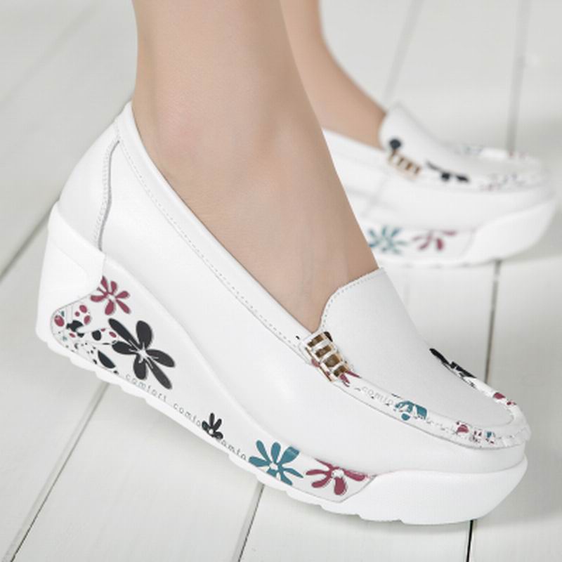 Women's White Leather Platform Wedge Shoes - Casual Swing Mother Shoes