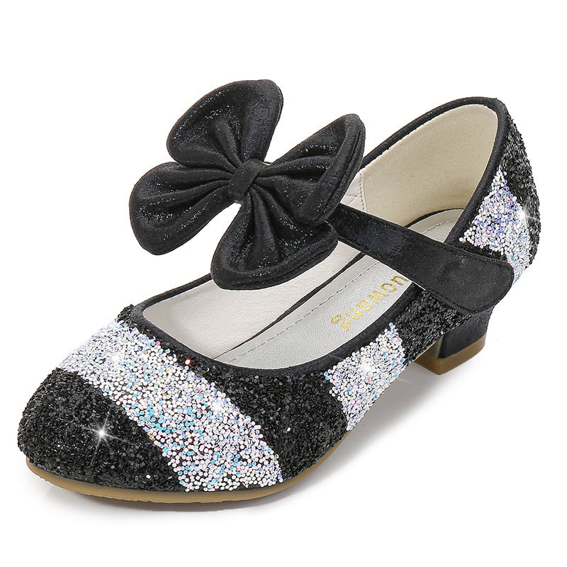 Girls Princess Leather Shoes with Crystal Accents - Soft-Sole, Round-Toe, High Heel