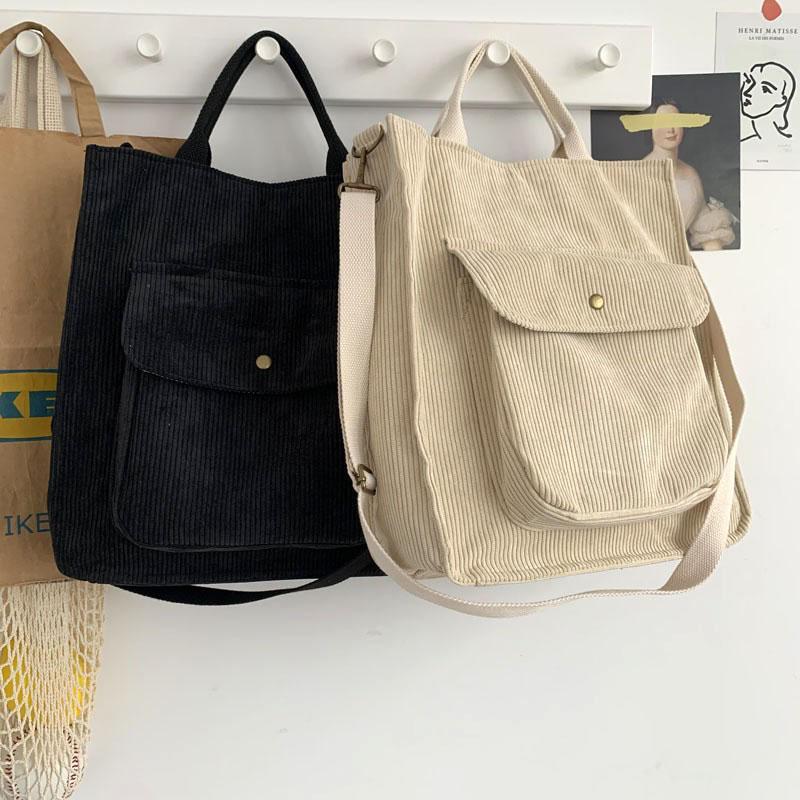 Cord-Umhängetasche für Damen, Vintage-Einkaufstaschen, Reißverschluss, für Mädchen, Studenten, Büchertasche, Handtaschen, lässige Tragetasche mit Außentasche