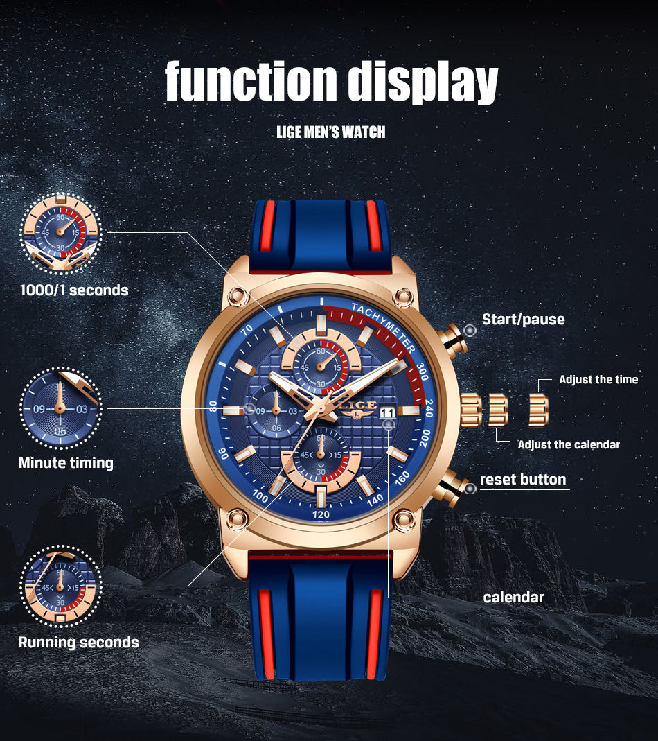 Fashion Chronograph Quartz Men Watches, Silicone Wristwatch Clock Male, Luminous Watch