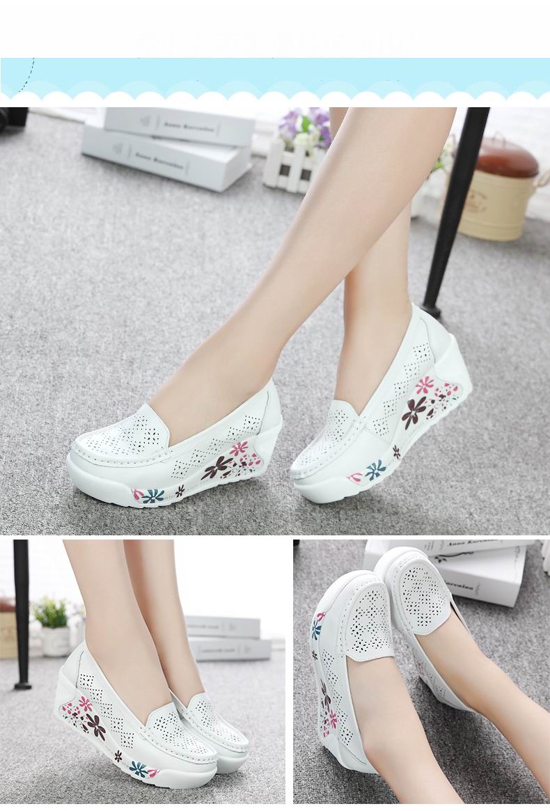 Women's White Leather Platform Wedge Shoes - Casual Swing Mother Shoes