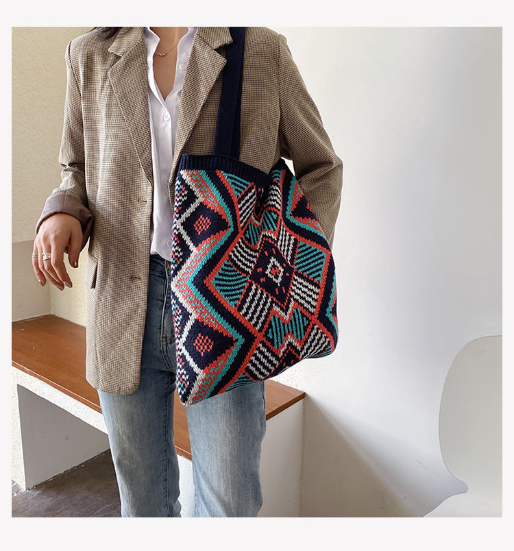 Strickende Zigeunertasche für Damen, böhmische Boho-Tasche, schicke Azteken-Einkaufstasche, offene Shopper-Tasche aus gehäkelter Wolle für Damen, tägliche Handtasche für Frauen