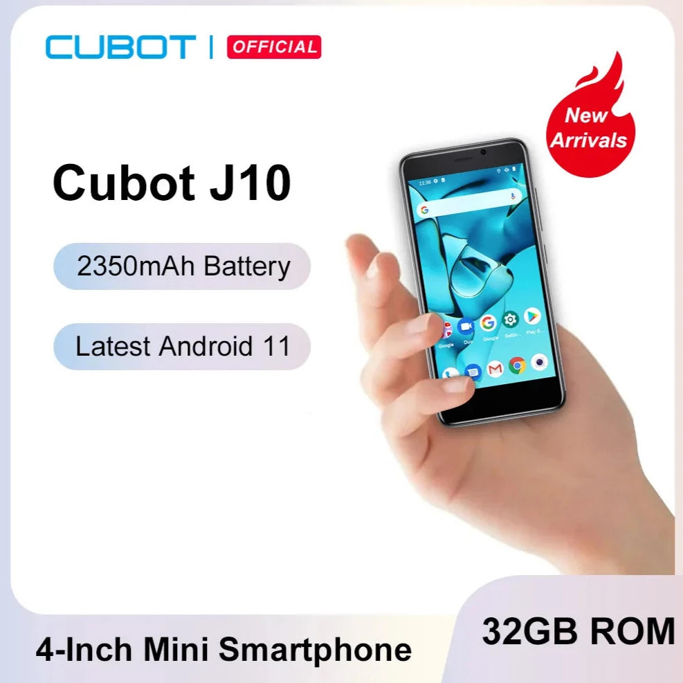 Cubot J10, Android 11 Smartphone, 4-Inch Screen, MINI Mobile Phones, 32GB ROM, Dual SIM, 3G, Face ID, 2350mAh, 5MP, Celular Smart Phone