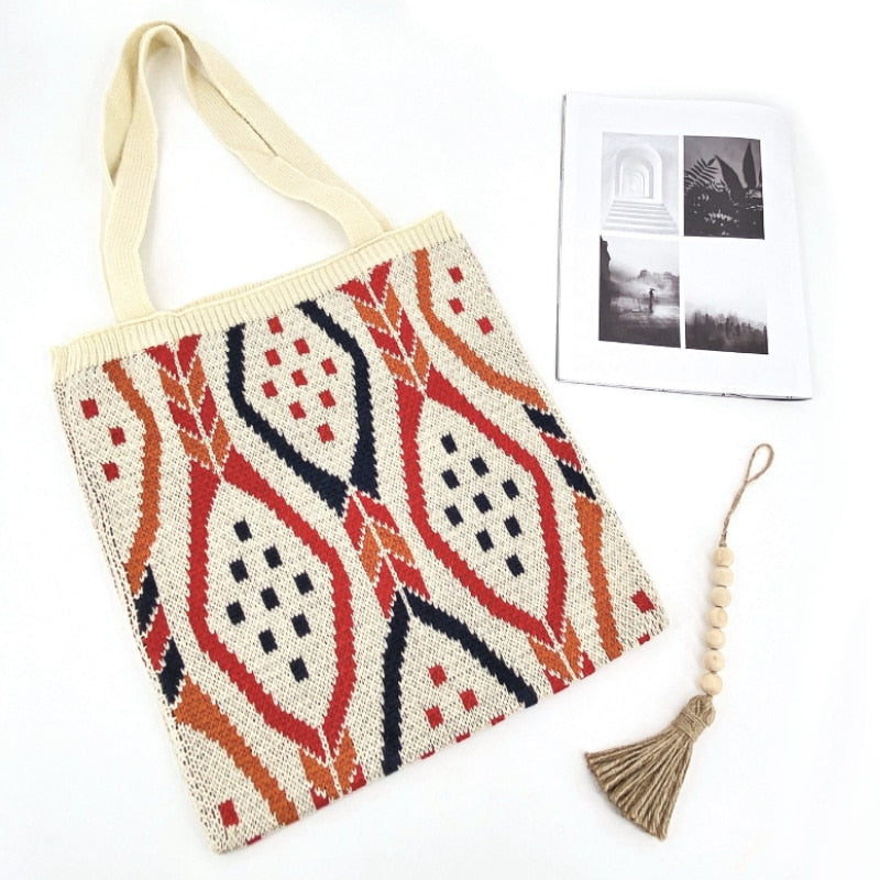 Strickende Zigeunertasche für Damen, böhmische Boho-Tasche, schicke Azteken-Einkaufstasche, offene Shopper-Tasche aus gehäkelter Wolle für Damen, tägliche Handtasche für Frauen