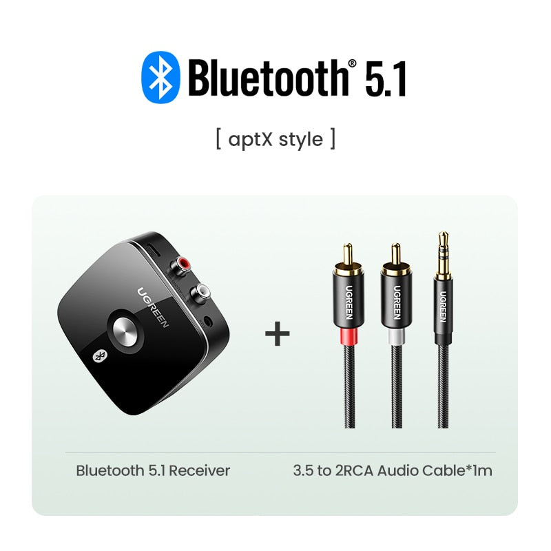 UGREEN Bluetooth RCA Récepteur 5.1 aptX HD 3.5mm Jack Aux Adaptateur Sans Fil Musique pour TV Voiture 2RCA Bluetooth 5.0 Récepteur Audio