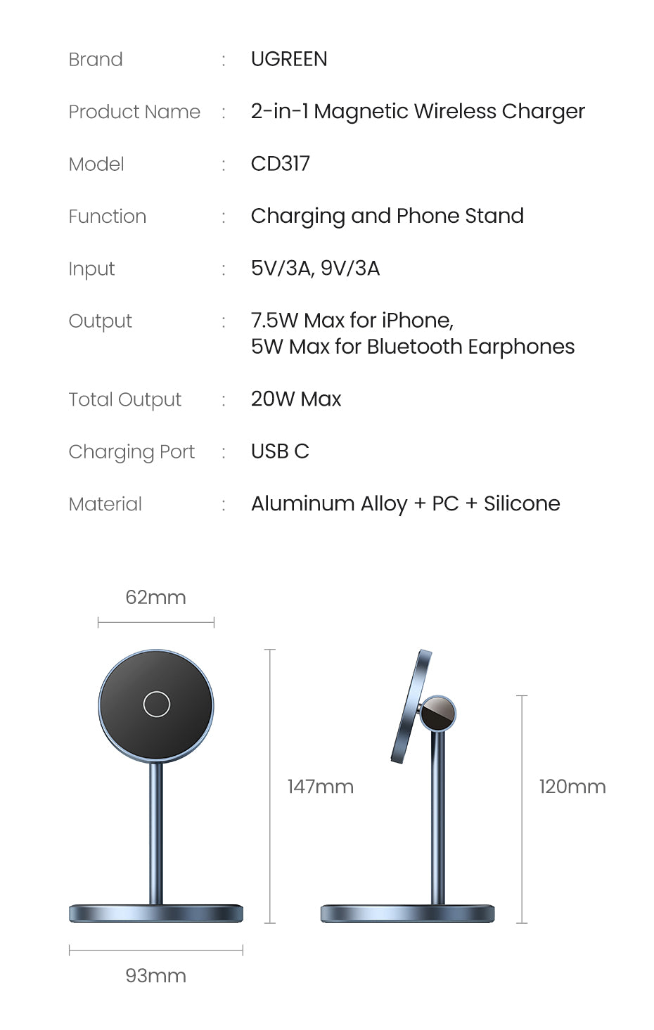 Chargeur sans fil magnétique, support 20W puissance maximale, support de charge 2-en-1, iPhone, AirPods, chargeur rapide