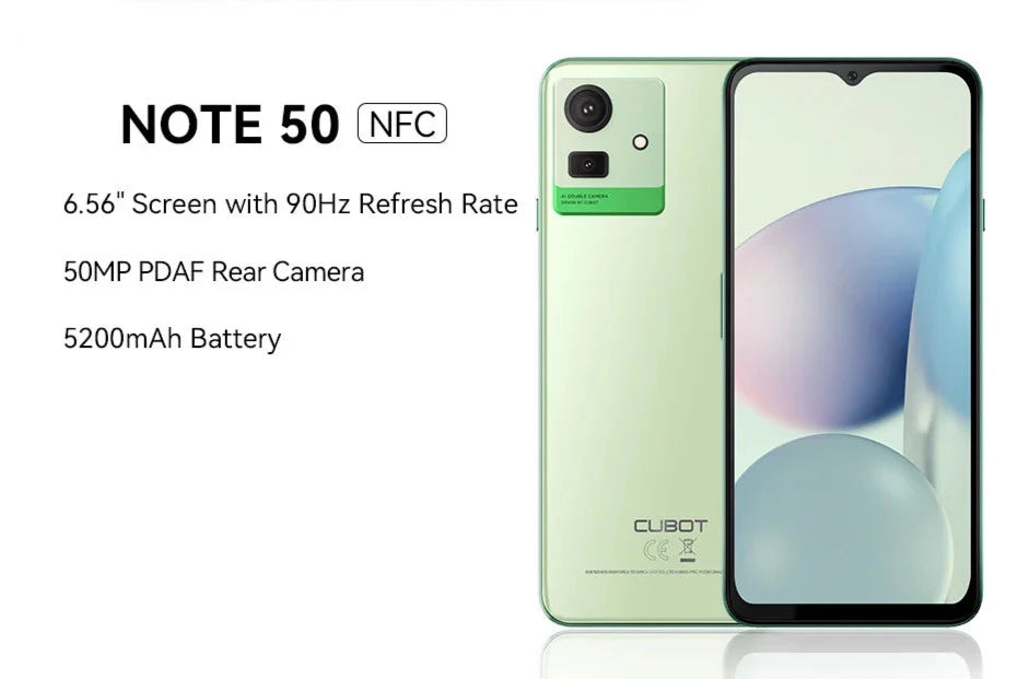 Cubot NOTE 50 Smartphone, Android 13, 16GB RAM(8GB+8GB Extended), 256GB ROM, Octa-core, 6.56“ 90Hz Screen, NFC, 50MP Camera, 5200mAh