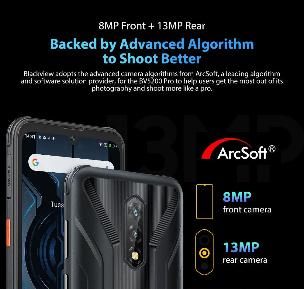 Blackview BV5200 Pro, Android 12, robustes Telefon, MTK G35, 4 GB/64 GB, 13 MP Camare ArcSoft, 5180 mAh Akku