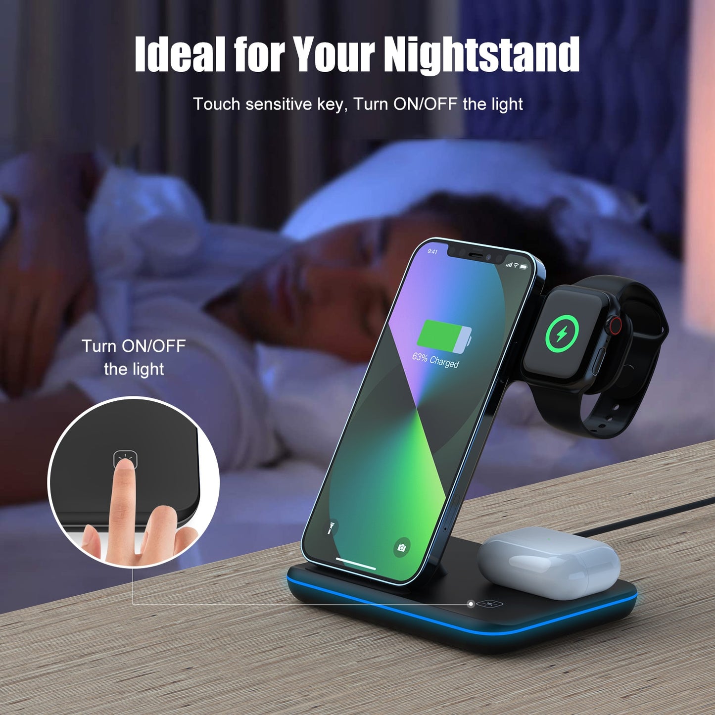 Wireless Charger Stand 15W, Qi Fast Charging Station, Dock for Apple Watch, iWatch 7 AirPods, iPhone