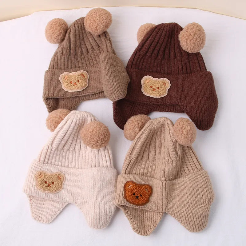 Bonnet d'hiver pour bébé, casquette ours de dessin animé, Protection des oreilles, chapeau tricoté pour tout-petits, garçons, filles, chapeaux au Crochet mignons et chauds pour enfants