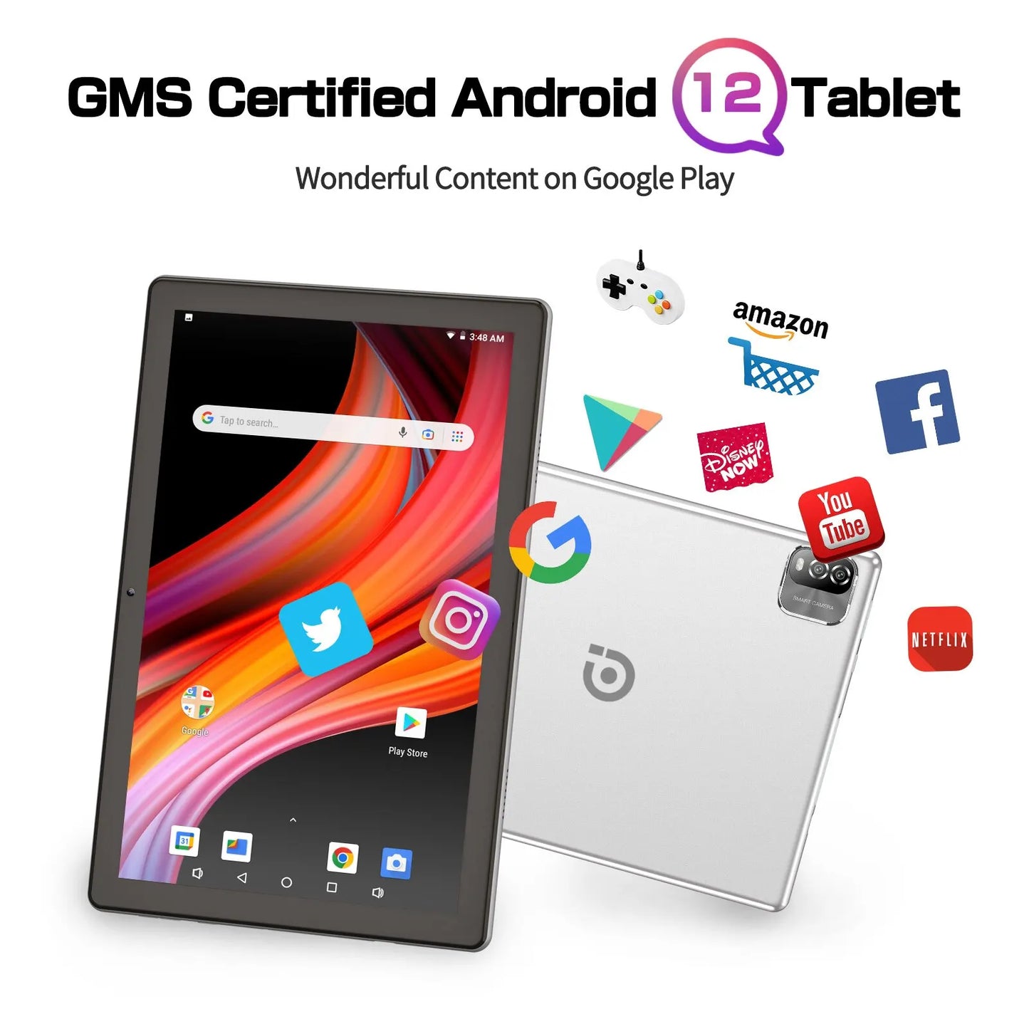 Tablet Android 12, 10.1 Inch 3GB RAM 64GB ROM Quad Core Processor WiFi 6 GPS HD IPS Screen 8.0 MP Rear Camera