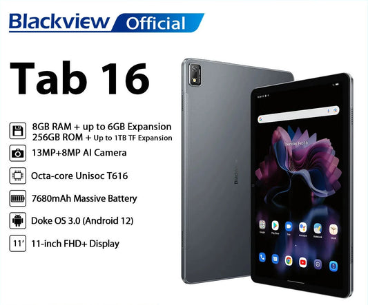 Blackview Tab 16, Tablet 11'' 2K FHD+ Display, Android 12, T616 Widevine L1 8GB 256GB, 7680mAh, 13MP Camera Dual, 4G Tablet