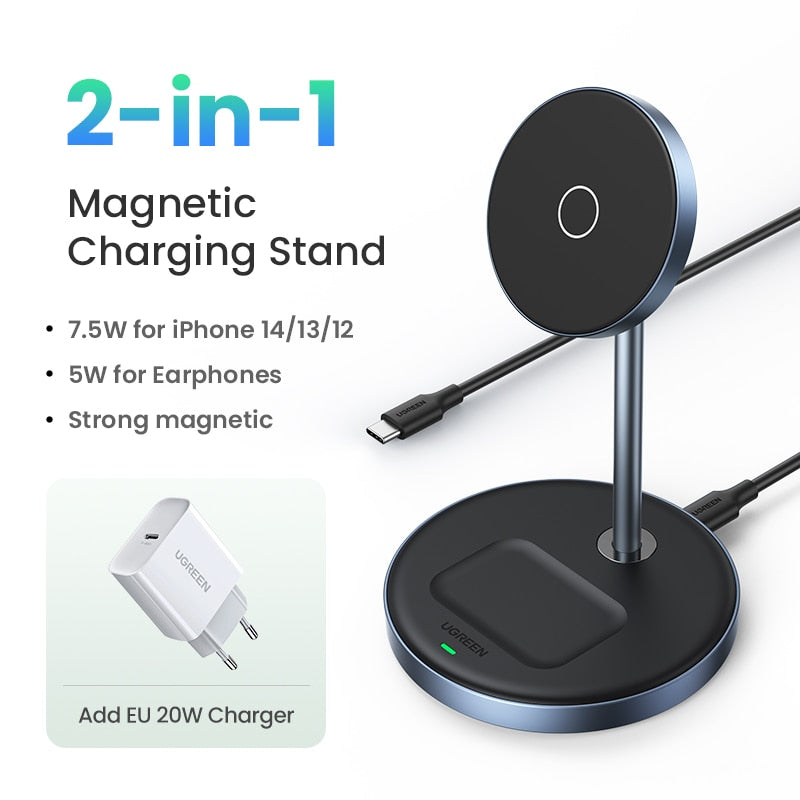 Chargeur sans fil magnétique, support 20W puissance maximale, support de charge 2-en-1, iPhone, AirPods, chargeur rapide