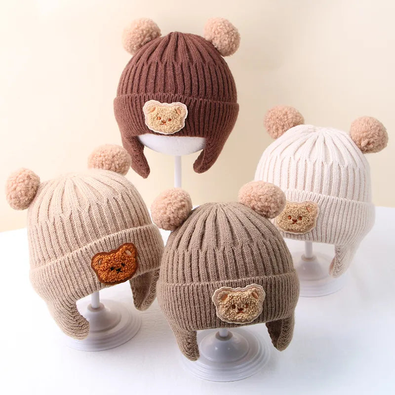 Winter Baby Beanie, Cap Cartoon Bear, Ear Protection, Knitted Hat for Toddler, Boys, Girls, Cute Warm Kids Crochet Hats