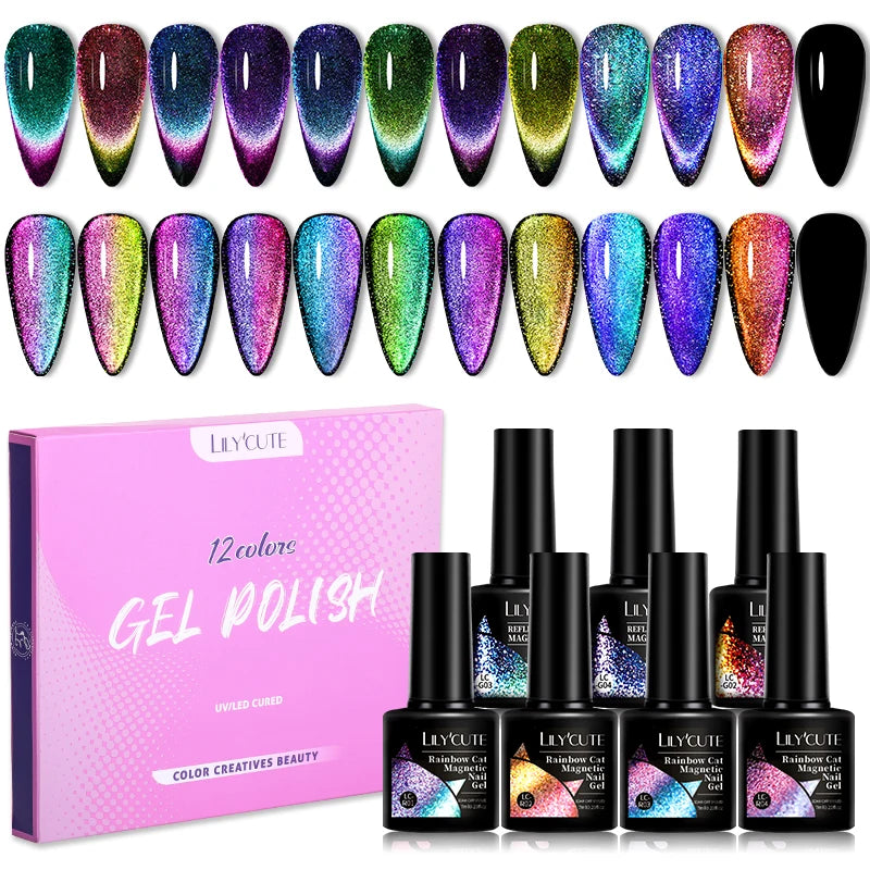 10PCS/SET Gel Nail Polish, Reflective Glitter, Magnetic Gel, Set Magnetic Stick, Soak Off Nail Art