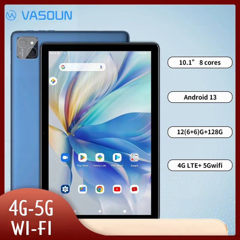 VASOUN Tablet 10.1", Android 13, 12GB(6+6 Expand) RAM, 128GB ROM, Octa Core, Dual SIM 4G Unlocked With 2.4G/5G, WiFi, GPS