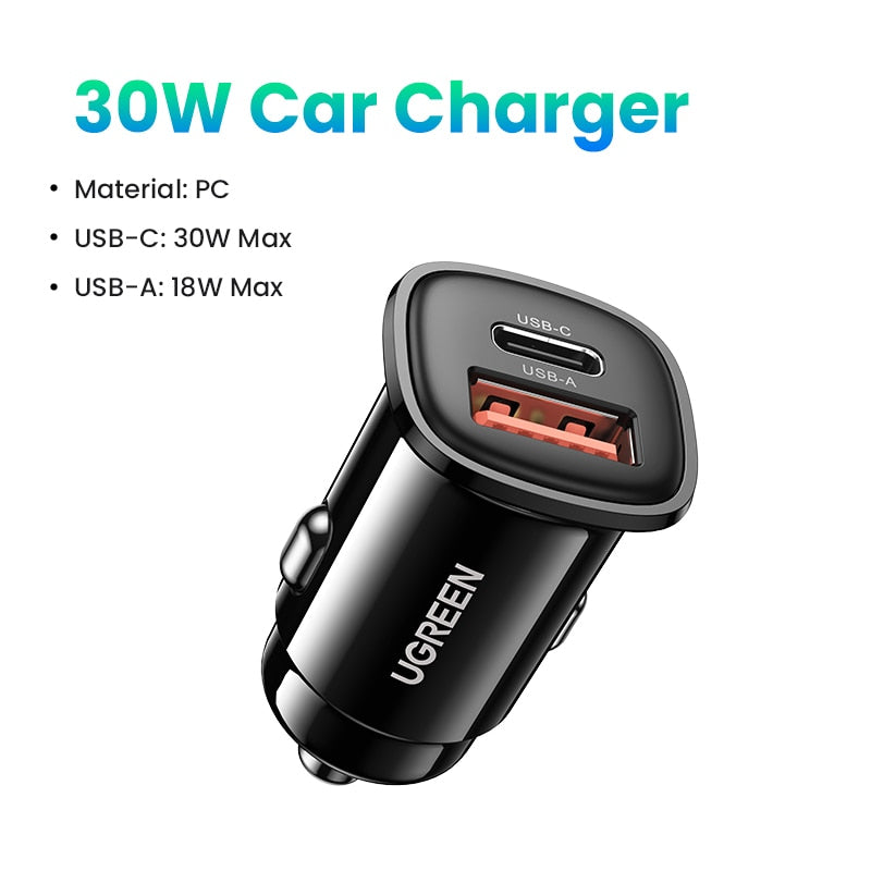 USB Car Charger 30W, Quick Charge 4.0, QC4.0, QC3.0, Type C Fast Car USB Charger