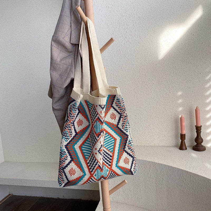 Strickende Zigeunertasche für Damen, böhmische Boho-Tasche, schicke Azteken-Einkaufstasche, offene Shopper-Tasche aus gehäkelter Wolle für Damen, tägliche Handtasche für Frauen