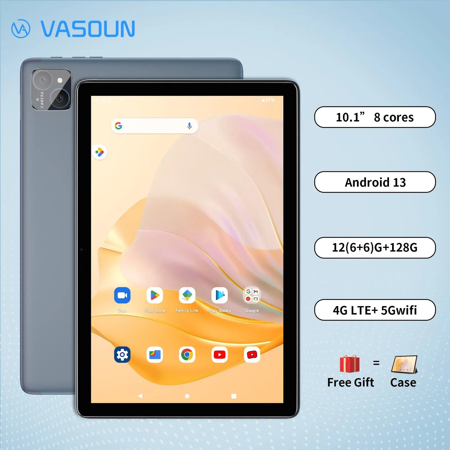 VASOUN Tablet 10.1", Android 13, 12GB(6+6 Expand) RAM, 128GB ROM, Octa Core, Dual SIM 4G Unlocked With 2.4G/5G, WiFi, GPS