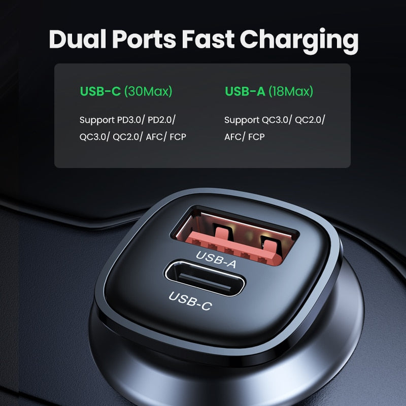 Chargeur de voiture USB 30W, charge rapide 4.0, QC4.0, QC3.0, chargeur USB de voiture rapide de type C