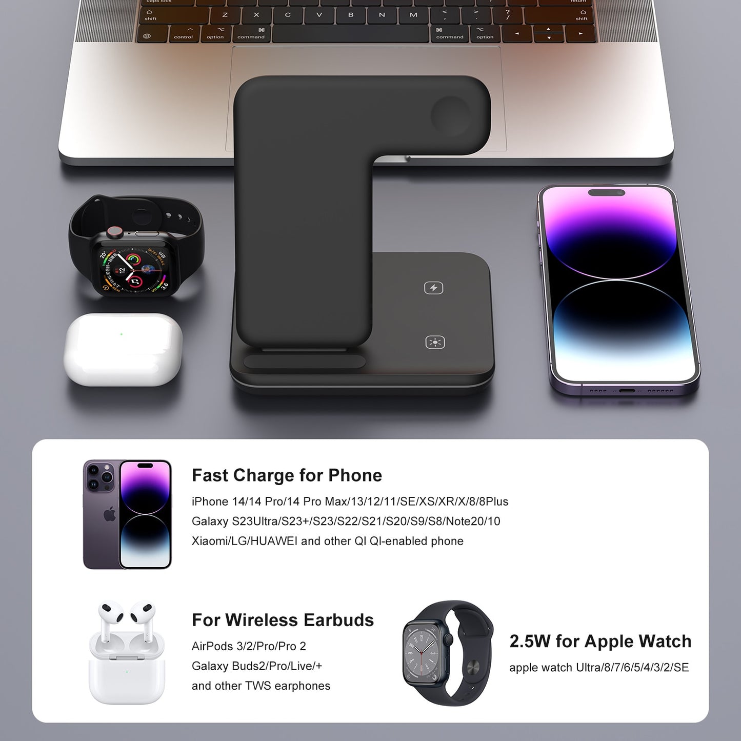 Wireless Charger Stand 15W, Qi Fast Charging Station, Dock for Apple Watch, iWatch 7 AirPods, iPhone