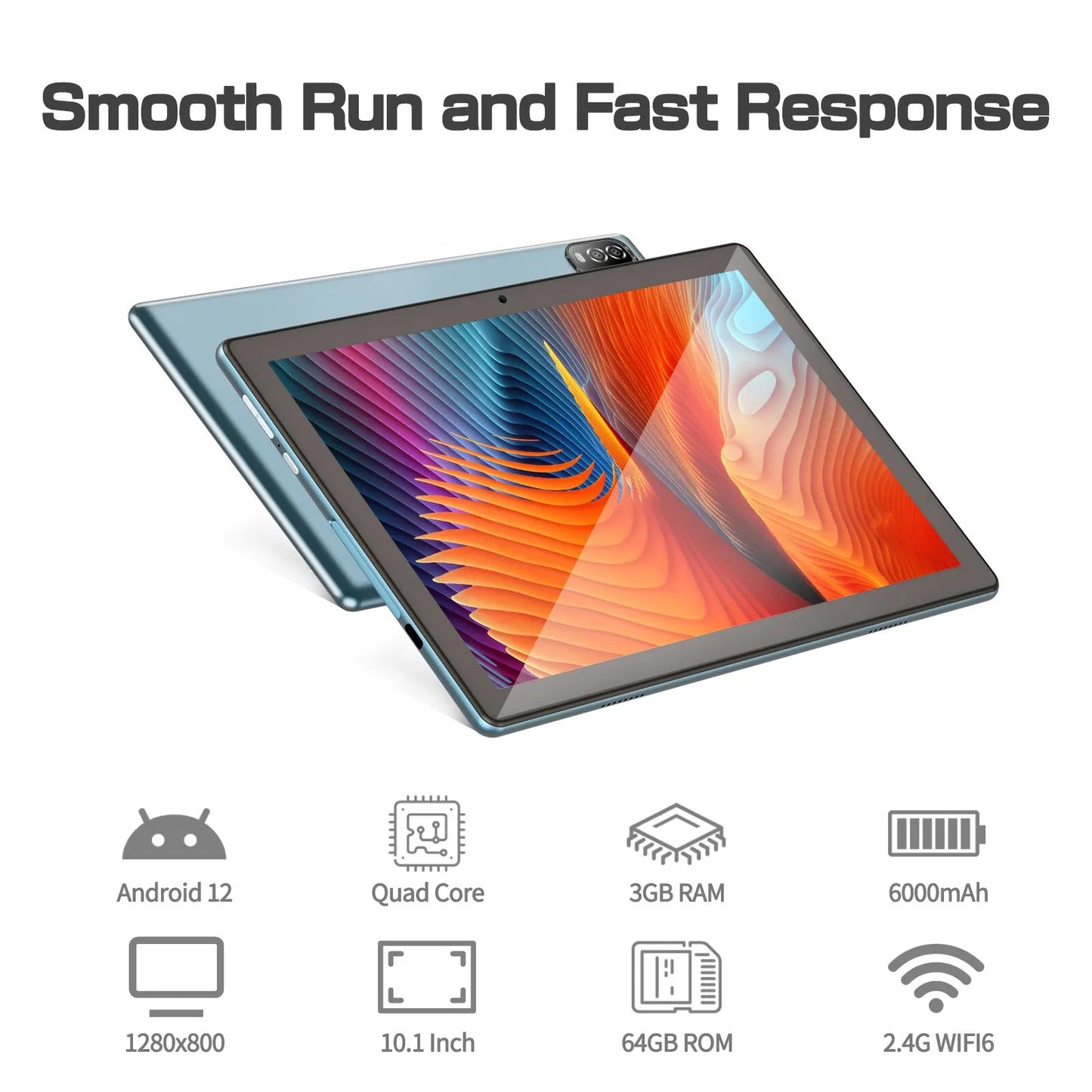 Tablet Android 12, 10.1 Inch 3GB RAM 64GB ROM Quad Core Processor WiFi 6 GPS HD IPS Screen 8.0 MP Rear Camera