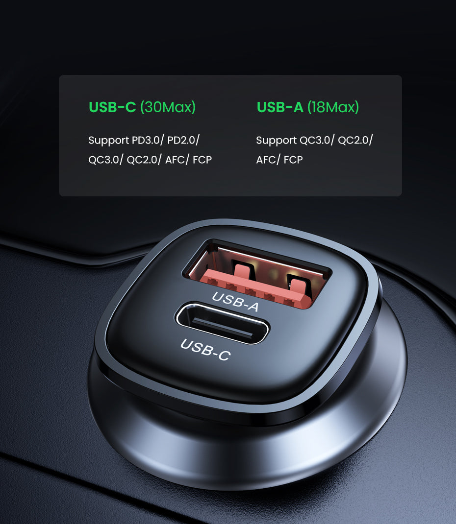 USB-Autoladegerät 30 W, Quick Charge 4.0, QC4.0, QC3.0, Typ-C-Schnellladegerät fürs Auto