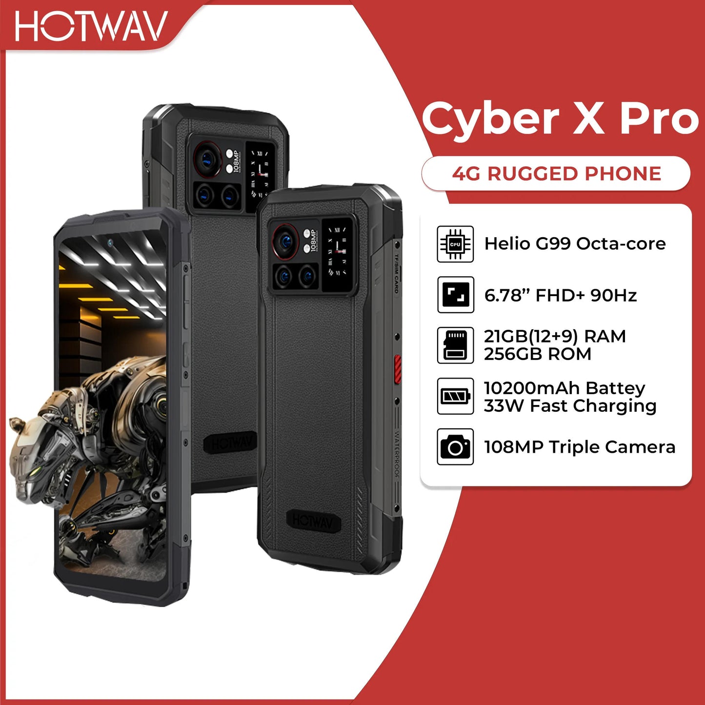 HOTWAV Cyber X Pro Rugged G99 12GB+256GB 6.78'' FHD+ 90Hz Android 13 108MP 10200mAh Battery 33W Fast Charging