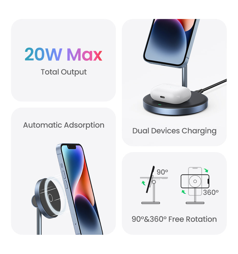 Chargeur sans fil magnétique, support 20W puissance maximale, support de charge 2-en-1, iPhone, AirPods, chargeur rapide