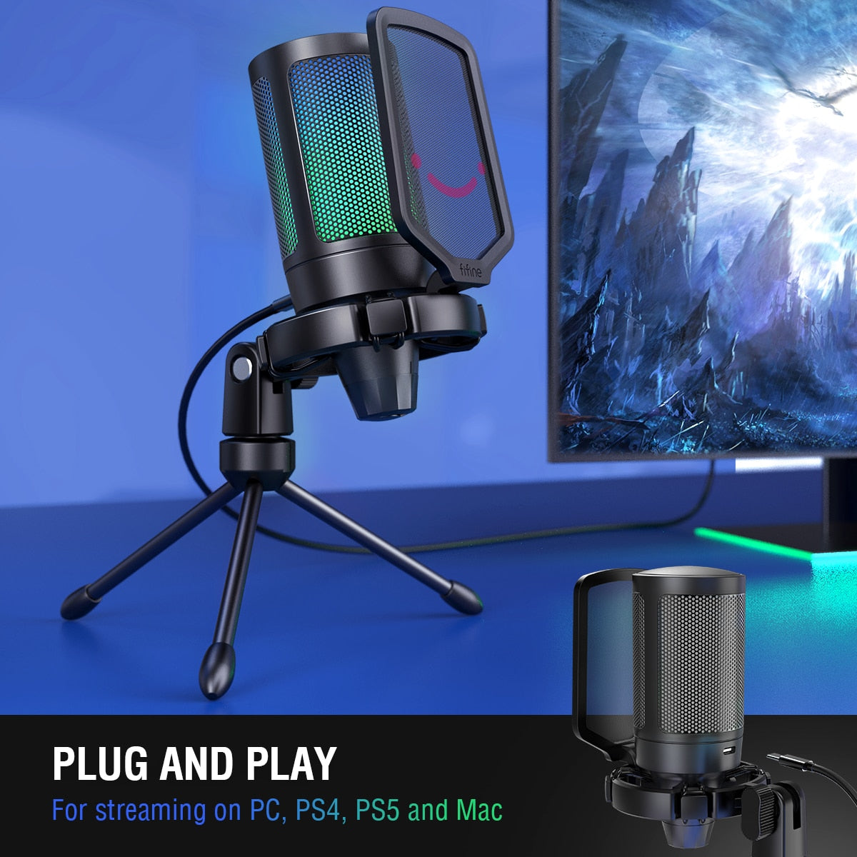 USB Microphone, Condenser MIC with RGB, PC, MAC, Suit for Podcasters / Gamers / Influencers / Home studio