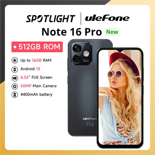 Ulefone Note 16 Pro, 8GB RAM,  512GB ROM, Android 13 Global Version, 50MP, 6.52 inch screen, 4400mAh, GPS, 4G